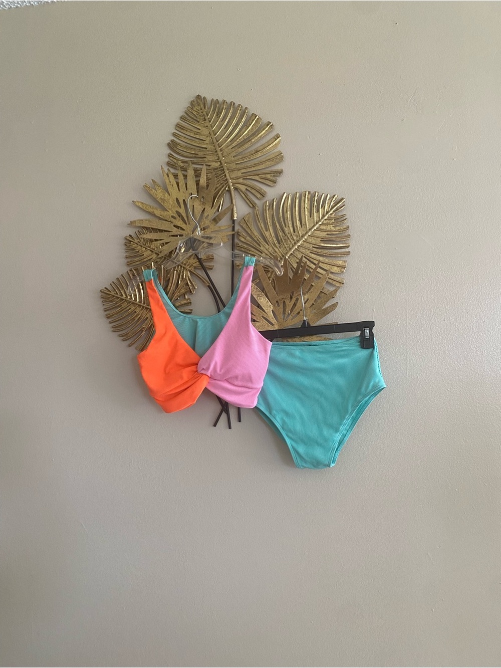 Colorblock Twist Bikini Top with Aqua High-Waist Bottom